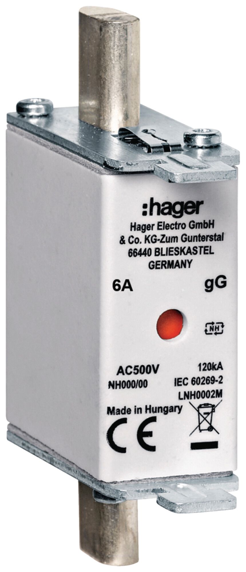 Fusibile HPC Hager DIN000 500VAC 6A gG/gL segnalatore doppio antiruggine