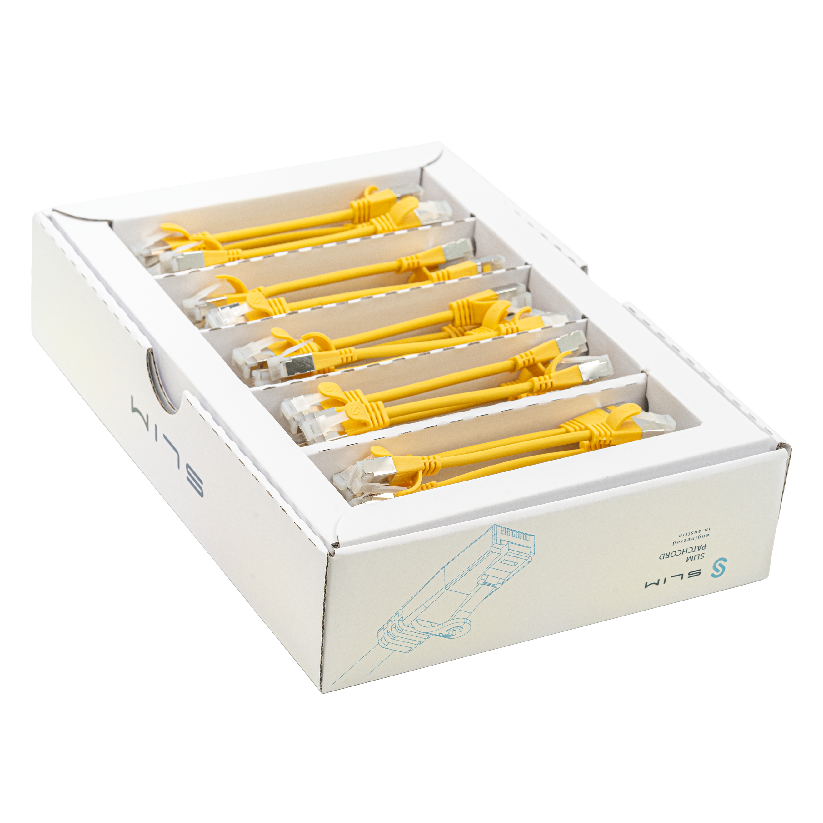 SLIM Patchkabel: 10cm, gelb, 50-Pack Cat.6A, U/FTP, LSOH, Klinke unbrechbar