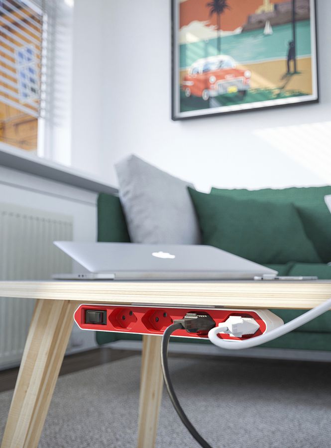 Prise multiple PowerBar 4×T13, sécurité enfants, avec interrupteur, rouge/blanc