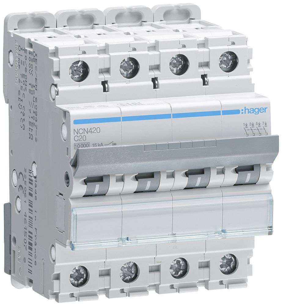 Leitungsschutzschalter Hager MCB 4P 415V Typ C 20A Icn 10kA Icu 15 kA 4TE