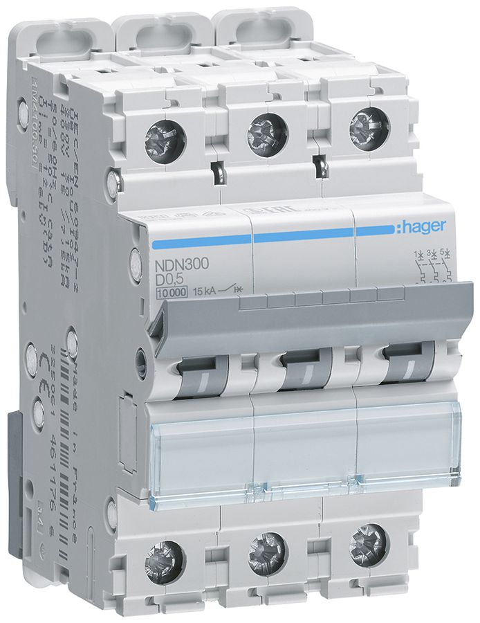 Leitungsschutzschalter Hager MCB 3P 415V Typ D 0.5A Icn 10kA Icu 15kA 3TE