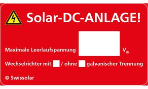 Warnaufkleber Swissolar "Solar DC ANLAGE" Deutsch