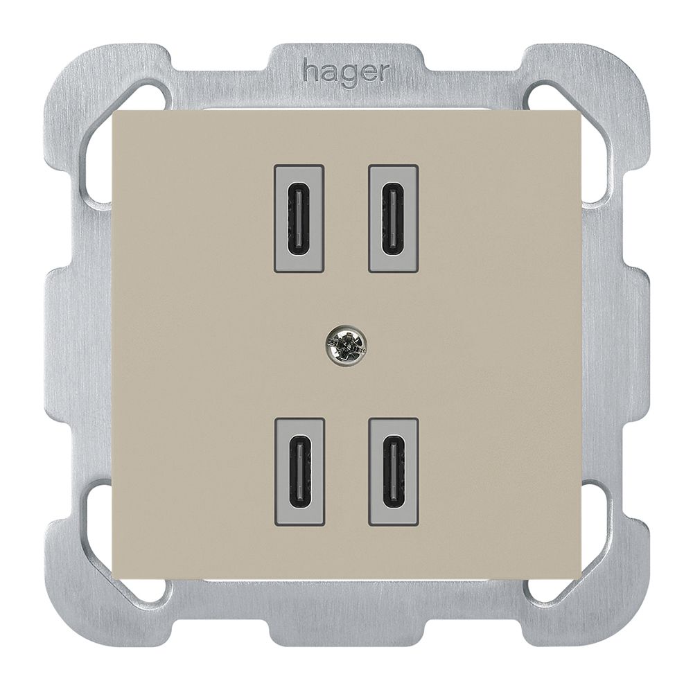 UP-USB-Ladesteckdose Hager kallysto 2×C-C 2×20W oder 4×10W 5V 77×77mm beige