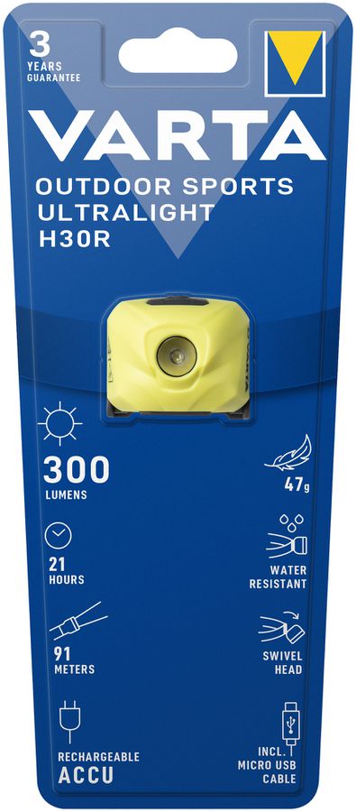 LED-Stirnlampe VARTA Outdoor Sports Ultralight H30R 300lm, Li-Akku, gelb