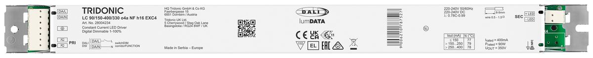 Alimentation LED Tridonic LC NFC EXC4 49.5…90W 100…330V 150…400mA DALI 360×30×16