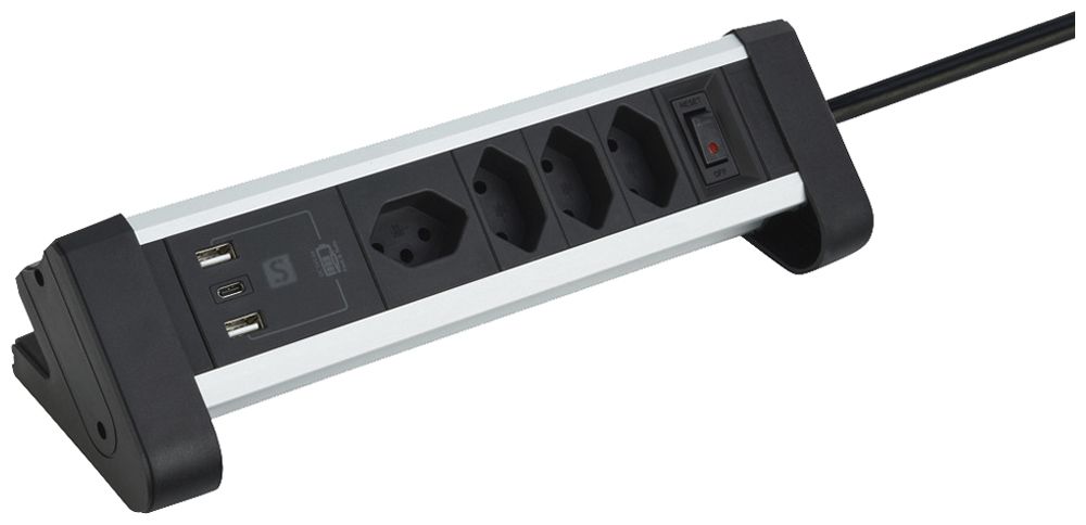 Prise multiple de table 4×T13/2×USB-A/1×USB-C 2m T12 noir/aluminium