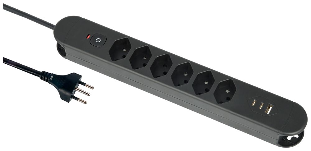 Prise multiple Re:Life 10A avec interrupteur EN/HORS 6×T13 3×USB 1.8m noir