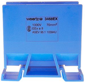 Borne de dérivation Woertz Ex 35…70mm² 192A 800V vis 2×1 rail DIN 35mm bleu