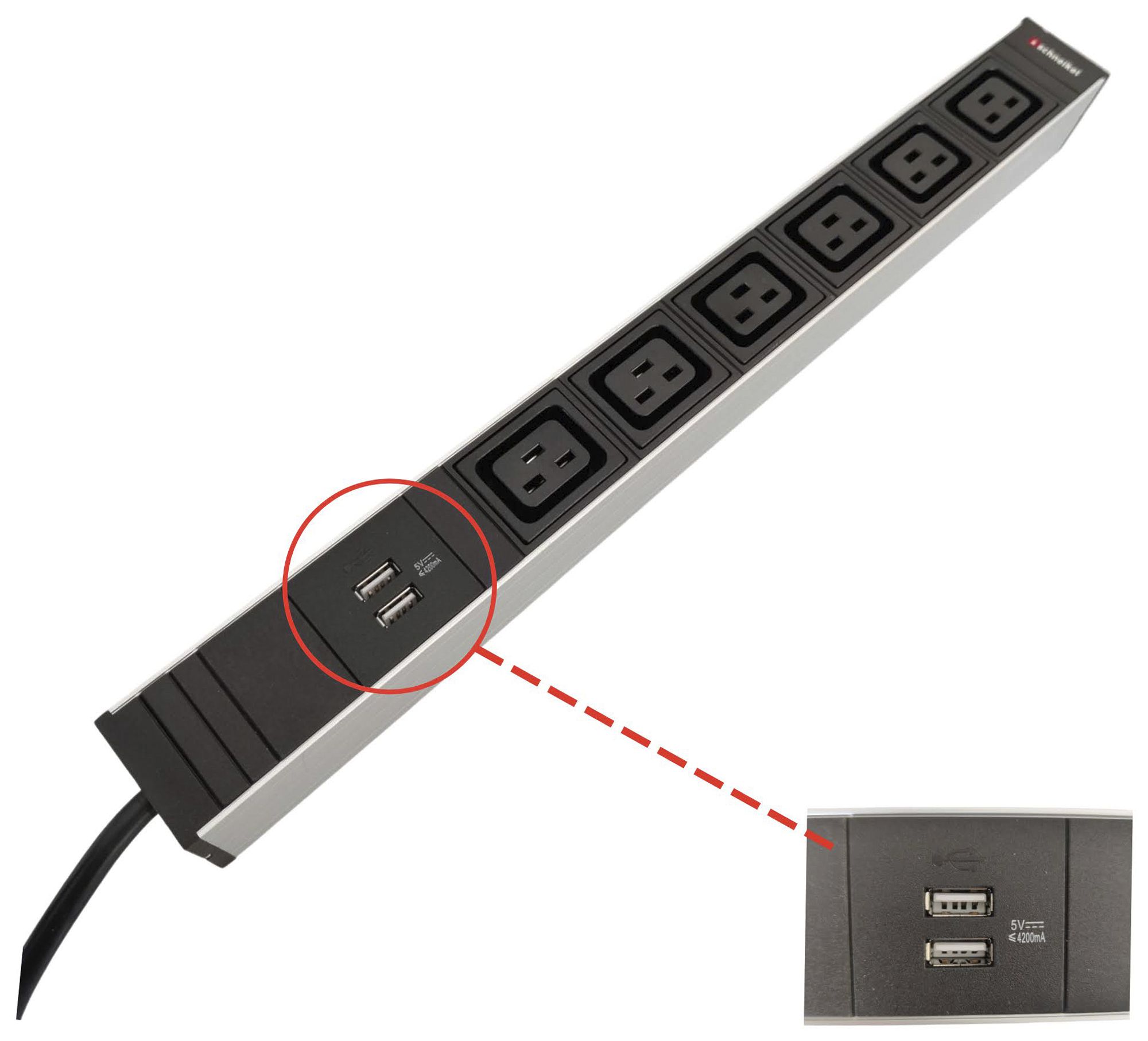 Steckdosenleiste 19" 1HE 6×C19/2×USB-A, Td3×1.5mm² 3m C20, schwarz