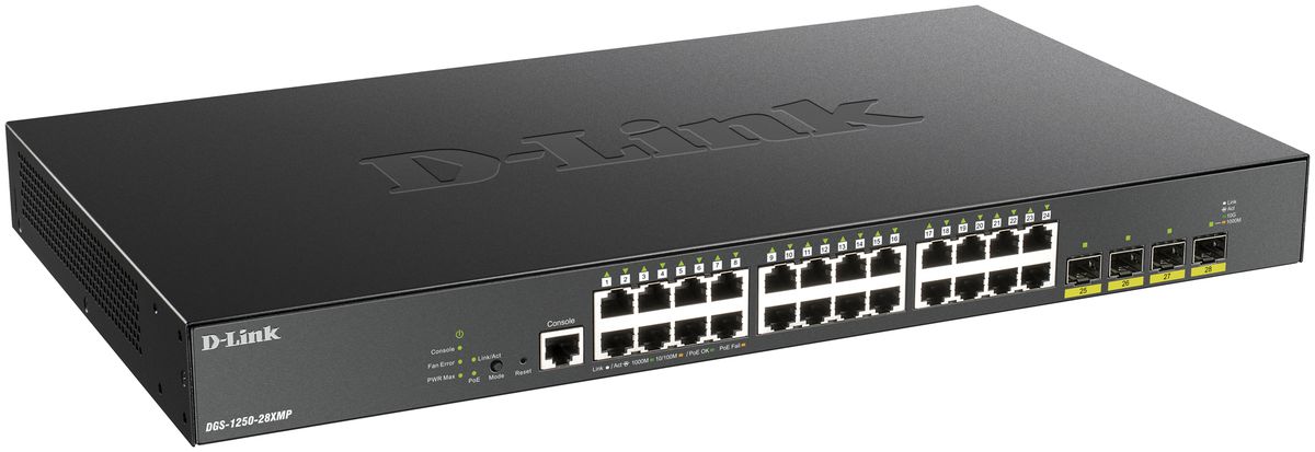 Switch D-Link DGS-1250-28XMP/E, 28-port smart managed Layer2/3 Gigabit PoE+