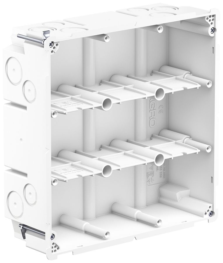 Hohlwanddose AGRO 3×3 850°C mit Laschen, M20/25, weiss
