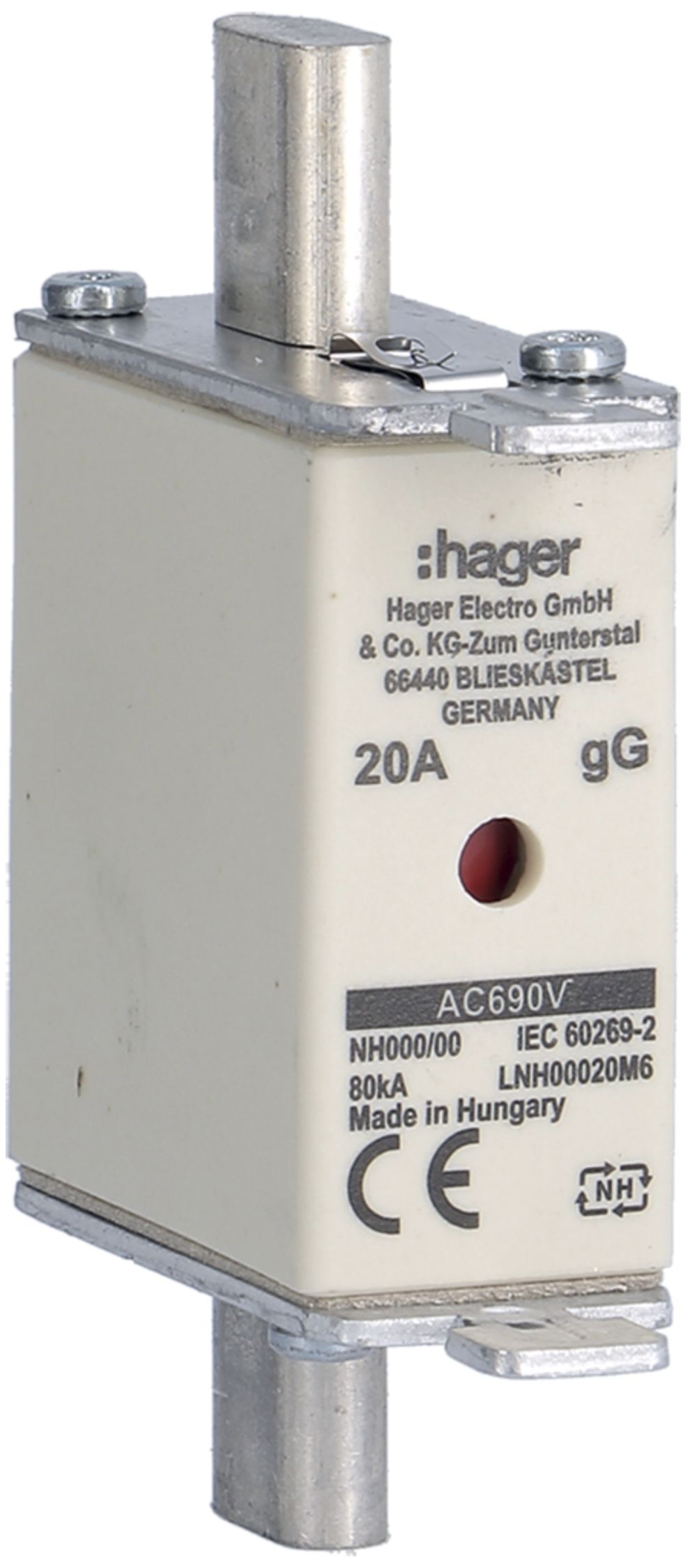 Fusible HPC Hager DIN000 690VAC 20A gG/gL avertisseur double inoxydable