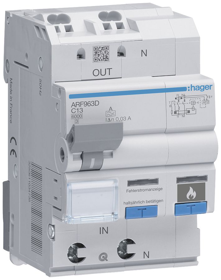 Brandschutzschalter Hager AFDD+FI/LS-Schalter, 1P+N 6kA C13A 30mA Typ A