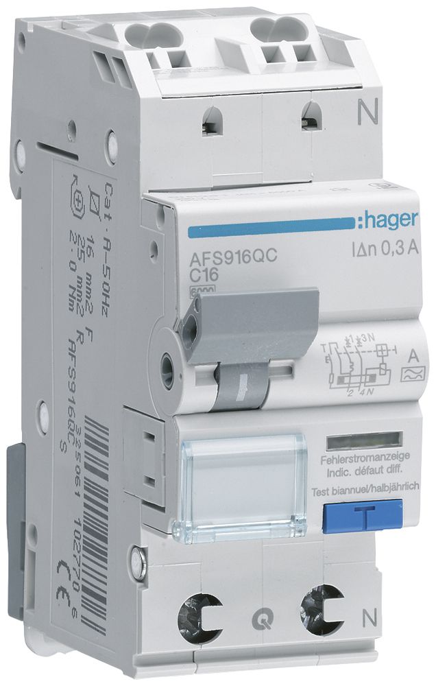 FI/LS-Schalter Hager RCBO QC 2P 230V Char.C 16A 0.3A Typ A 6kA 2TE