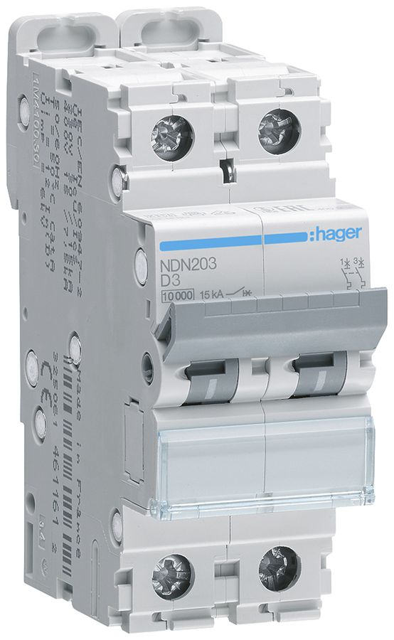Leitungsschutzschalter Hager MCB 2P 415V Typ D 3A Icn 10kA Icu 15kA 2TE