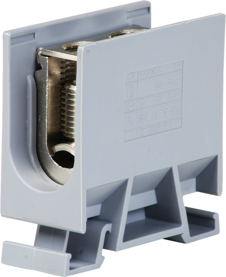 Borne de dérivation Woertz 35…70mm² 192A 800V vis 2×1 rail DIN 35mm gris