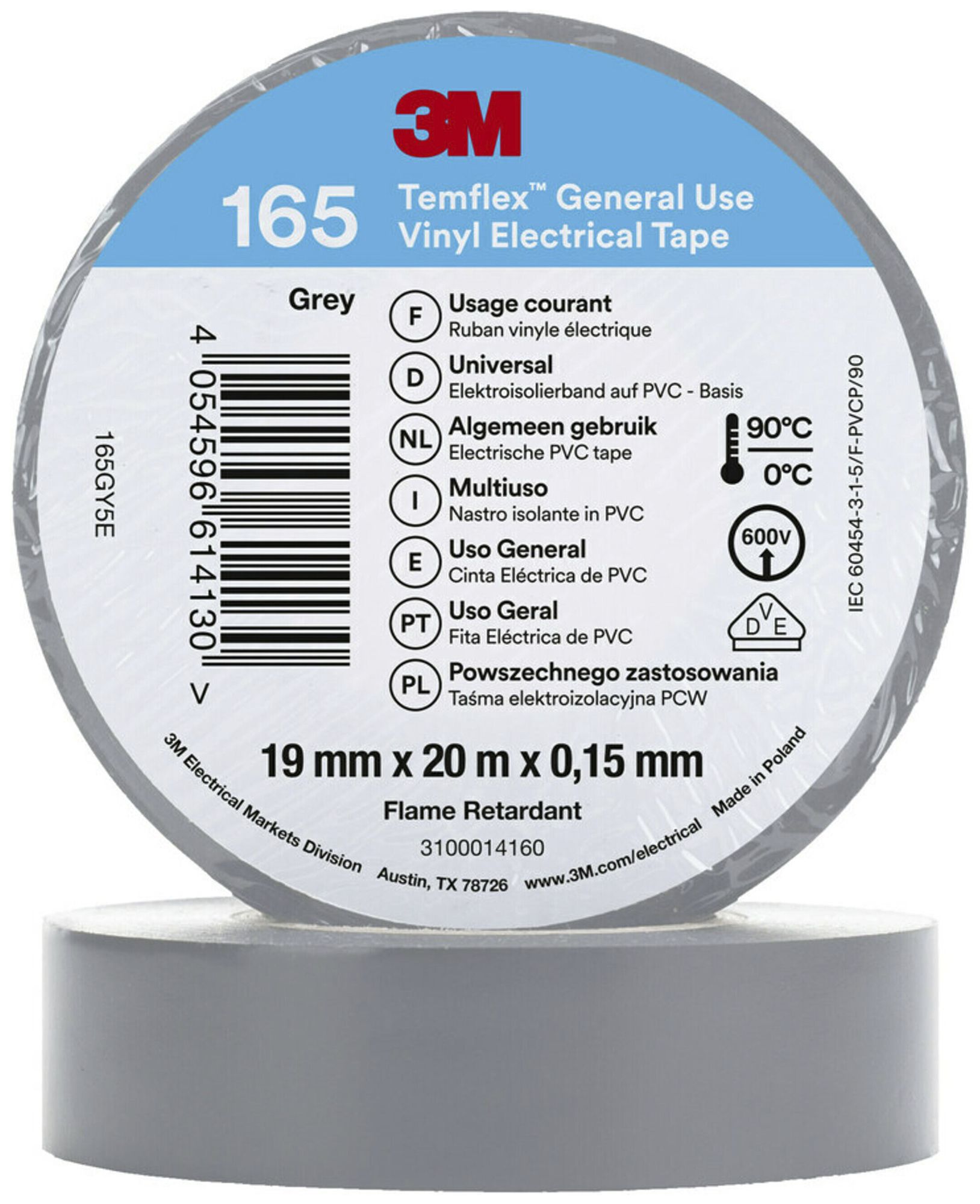 Isolierband 3M Temflex 165 19mm×20m×0.15mm grau VDE 600V 0…90°C