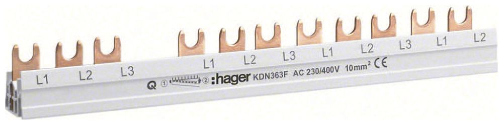 Kammschiene Hager KDN 3P 3Ph Gabel 10mm² 63A L1L2L3-L1L2L3L1L2L3L1L2 weiss