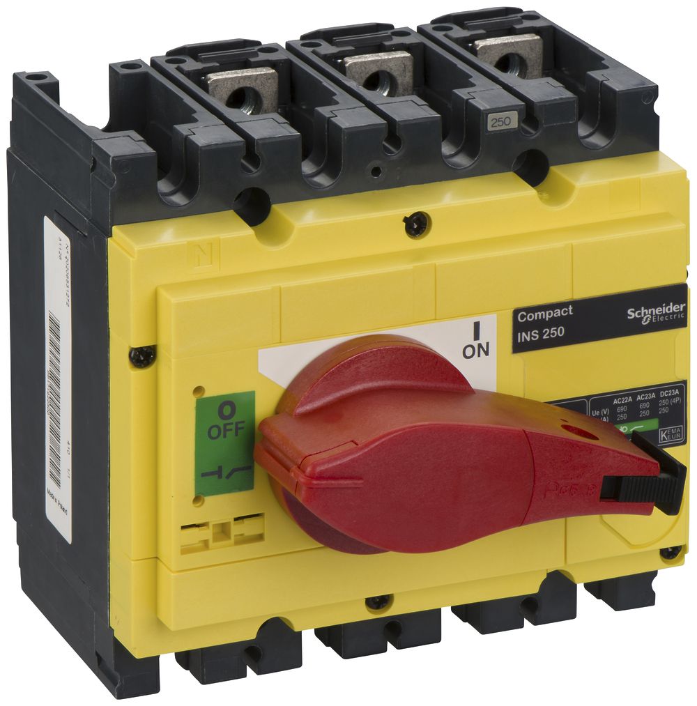 Interupteur de charge Schneider INS 3L 250A avec poignée rotative rouge/jaune