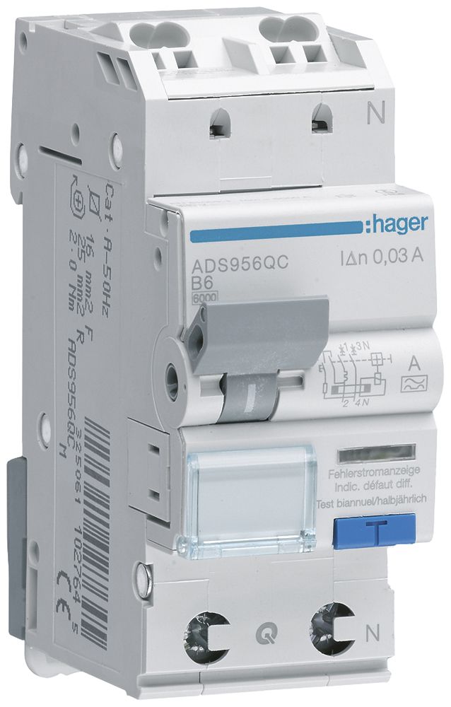 FI/LS-Schalter Hager RCBO QC 2P 230V Char.B 6A 0.03A Typ A 6kA 2TE