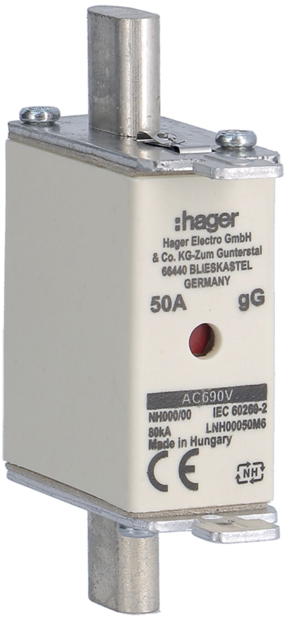 Fusible HPC Hager DIN000 690VAC 50A gG/gL avertisseur double inoxydable