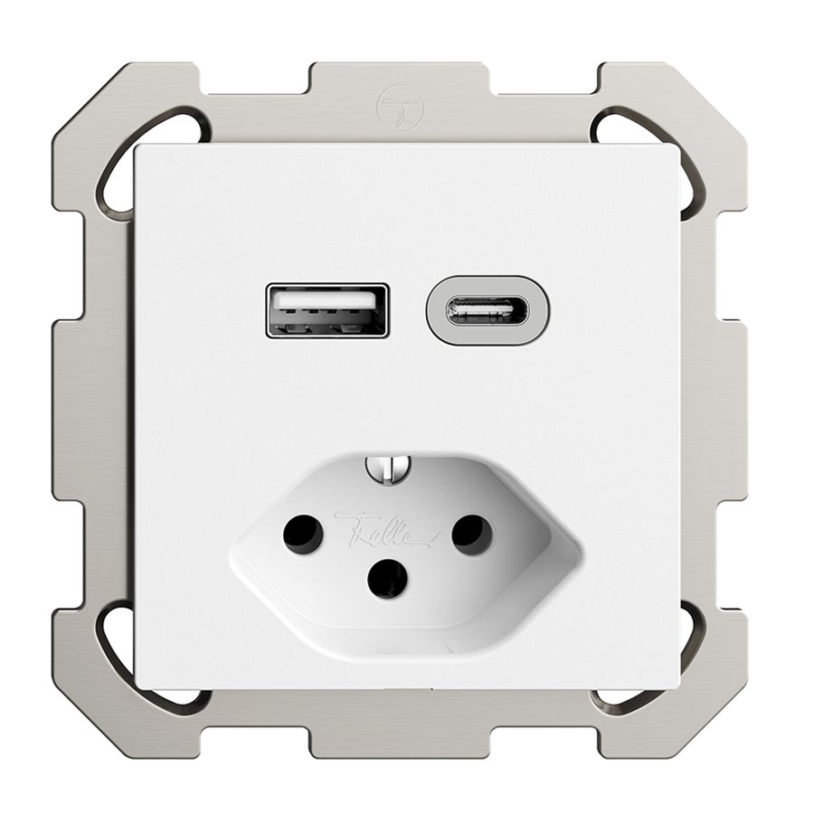 Prise ENC USB type A+C + type 13 Feller EDIZIOdue FM 230V 3000mA blanc