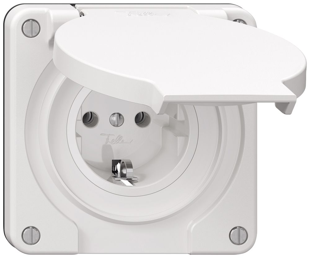 Prise Feller IP21 Schuko 16A 230V 87×87mm blanc