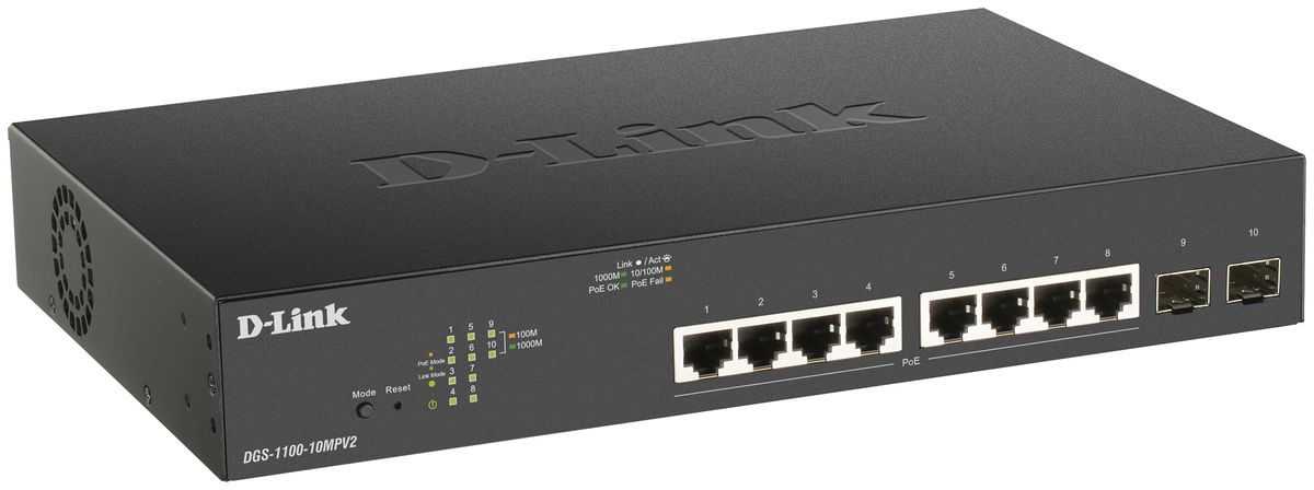 Switch D-Link DGS-1100-10MPV2/E, 10-port smart managed Layer2 Gigabit PoE+