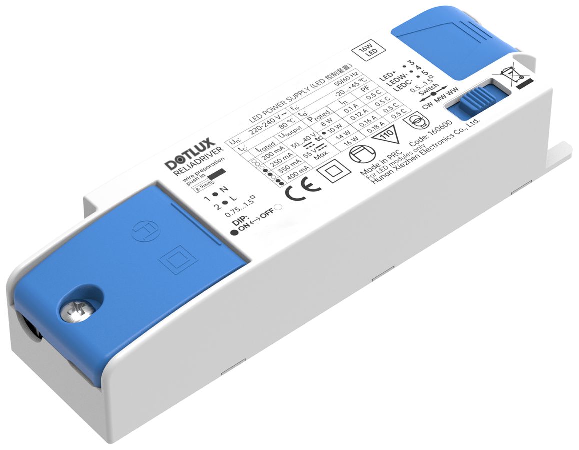 Alimentation LED DOTLUX 8…16W 2.5…52V 200…400mA ON/OFF IP20 126×38×25mm