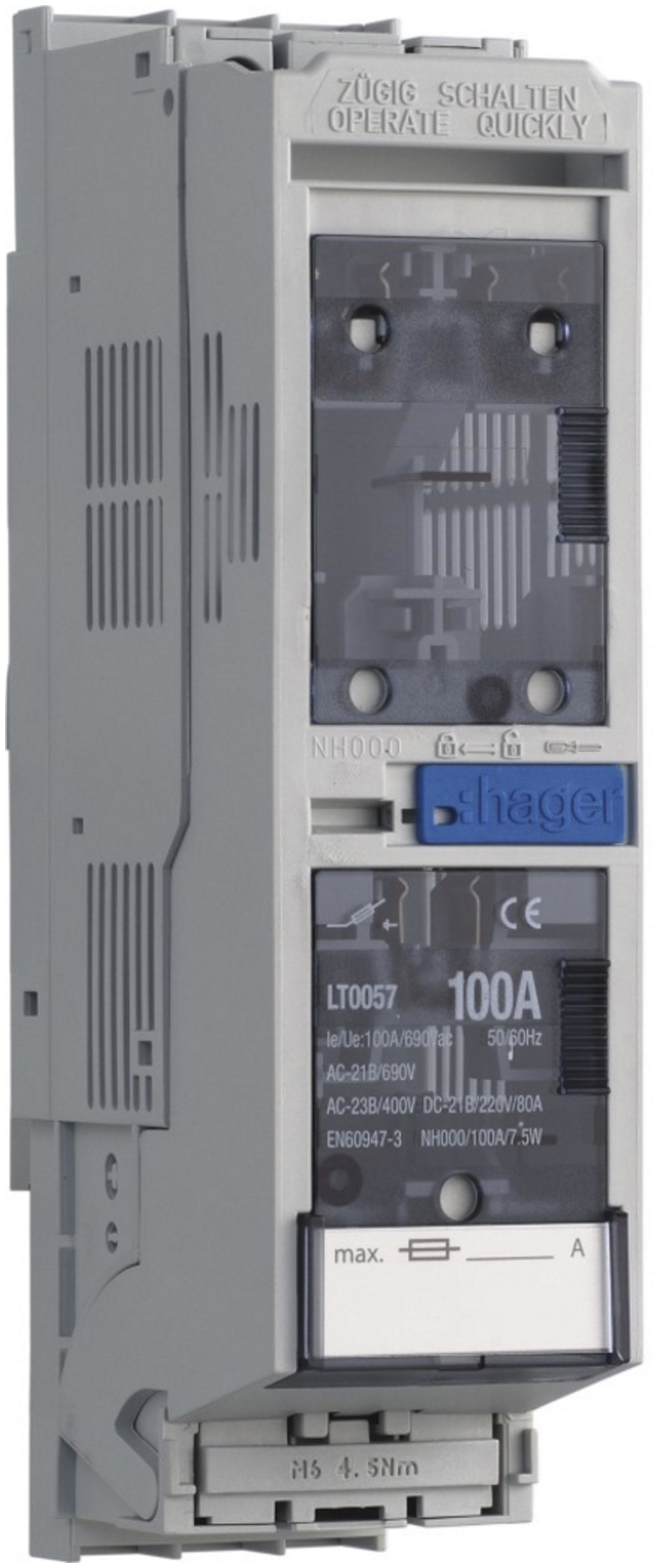 Coupe-circuit sectionneur HPC Hager DIN000 690VAC 100A rail 60mm sortie en haut