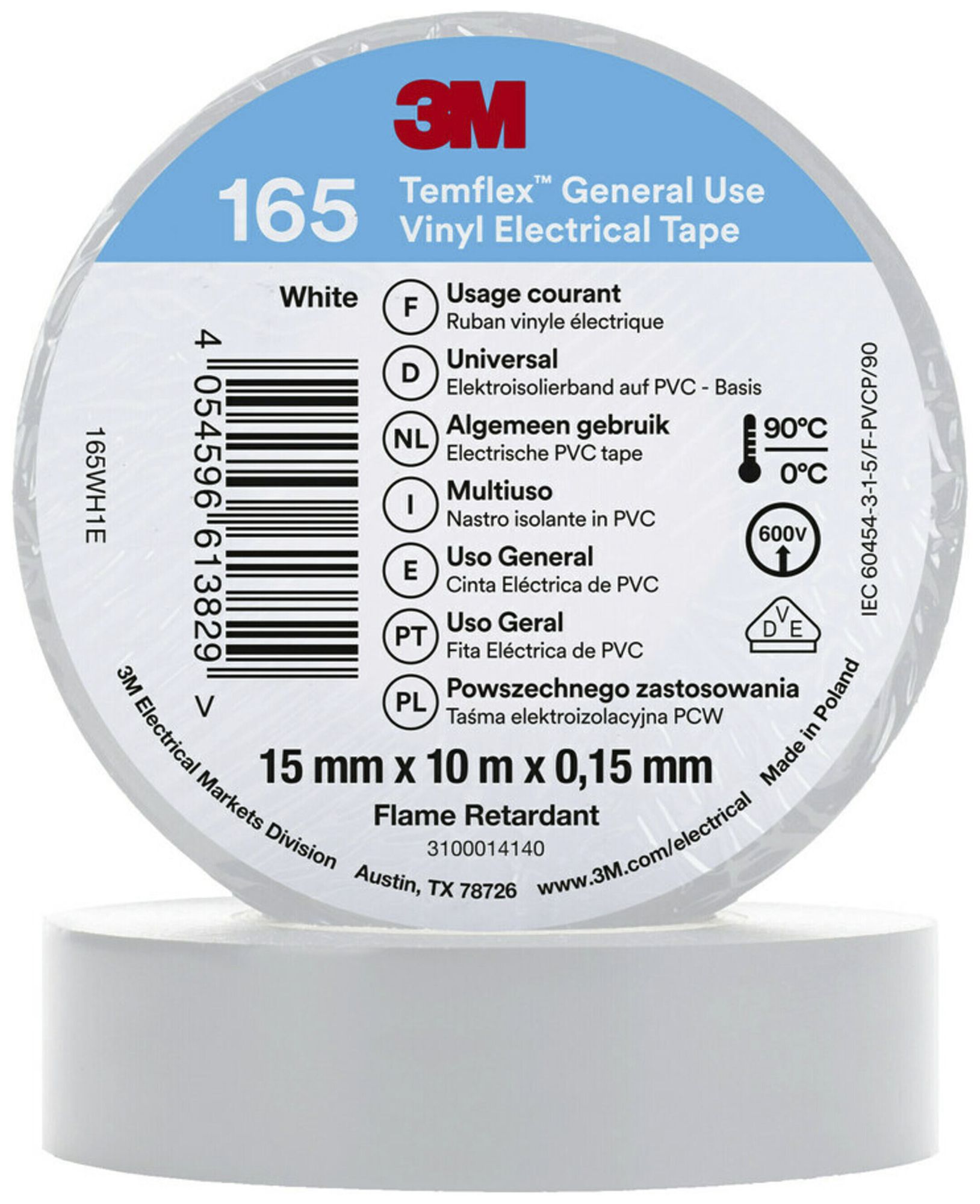 Ruban isolant 3M Temflex 165 15mm×10m×0.15mm blanc VDE 600V 0…90°C