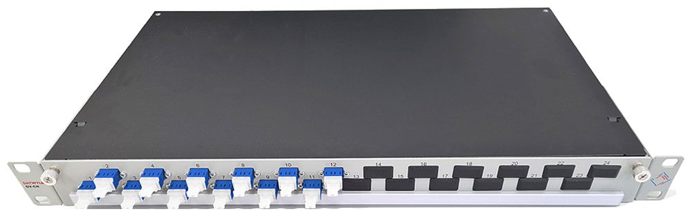 Spleissbox 19" Dätwyler OV-CH 12×LCD/PC blau OS2 versetzt 1HE Silber