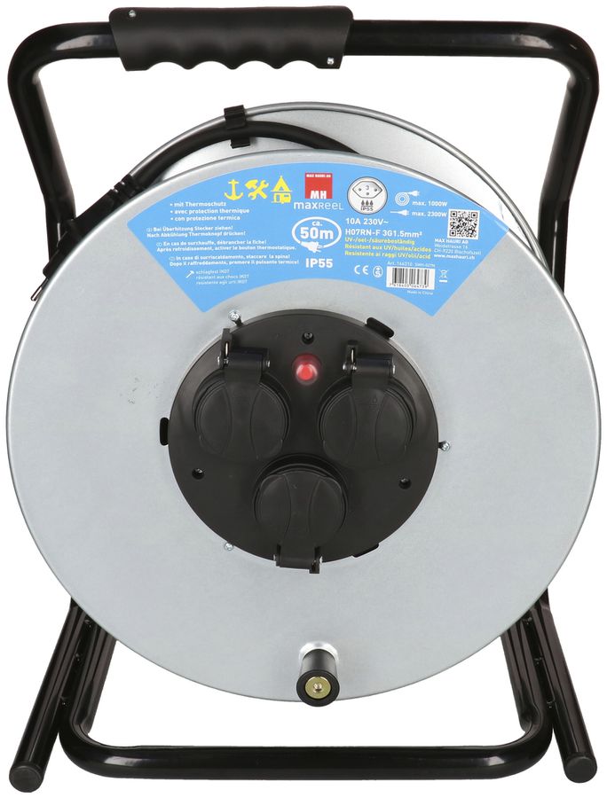 Enrouleur de câble MAX HAURI acier 230V 10A 3×T13 50m 3×1.5mm² IP55 argent