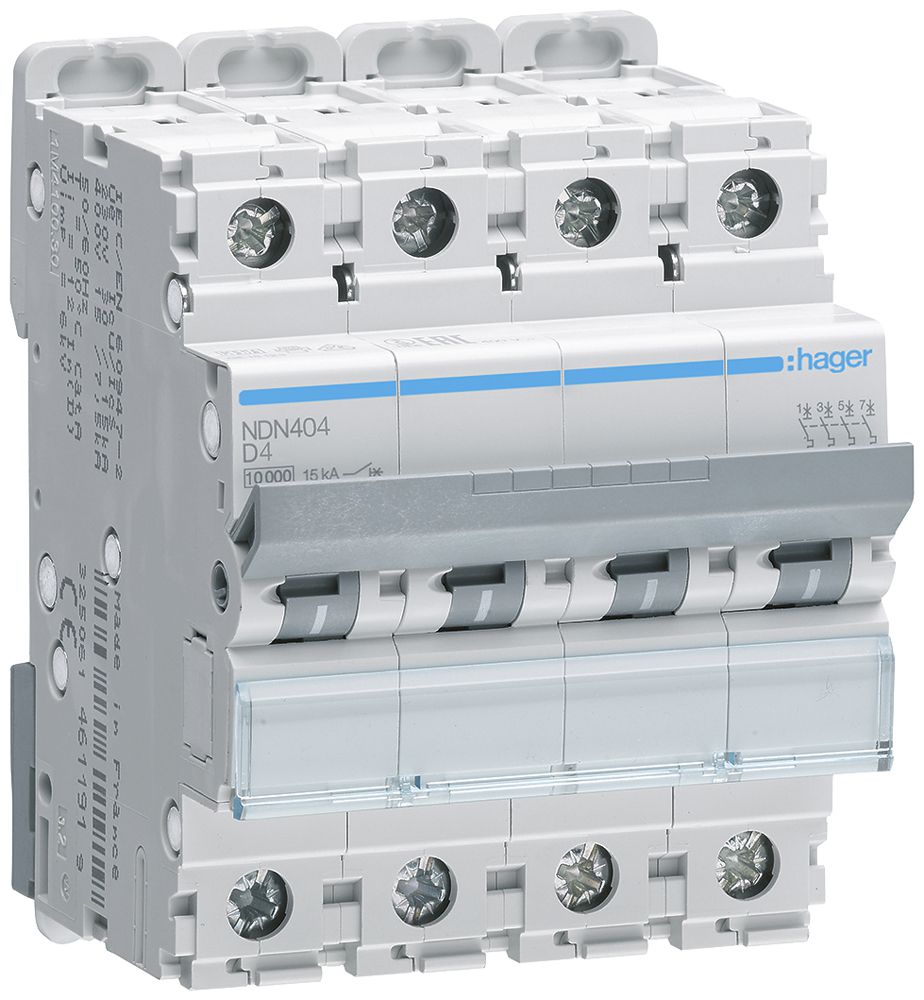 Leitungsschutzschalter Hager MCB 4P 415V Typ D 4A 10kA Icu 15kA 4TE
