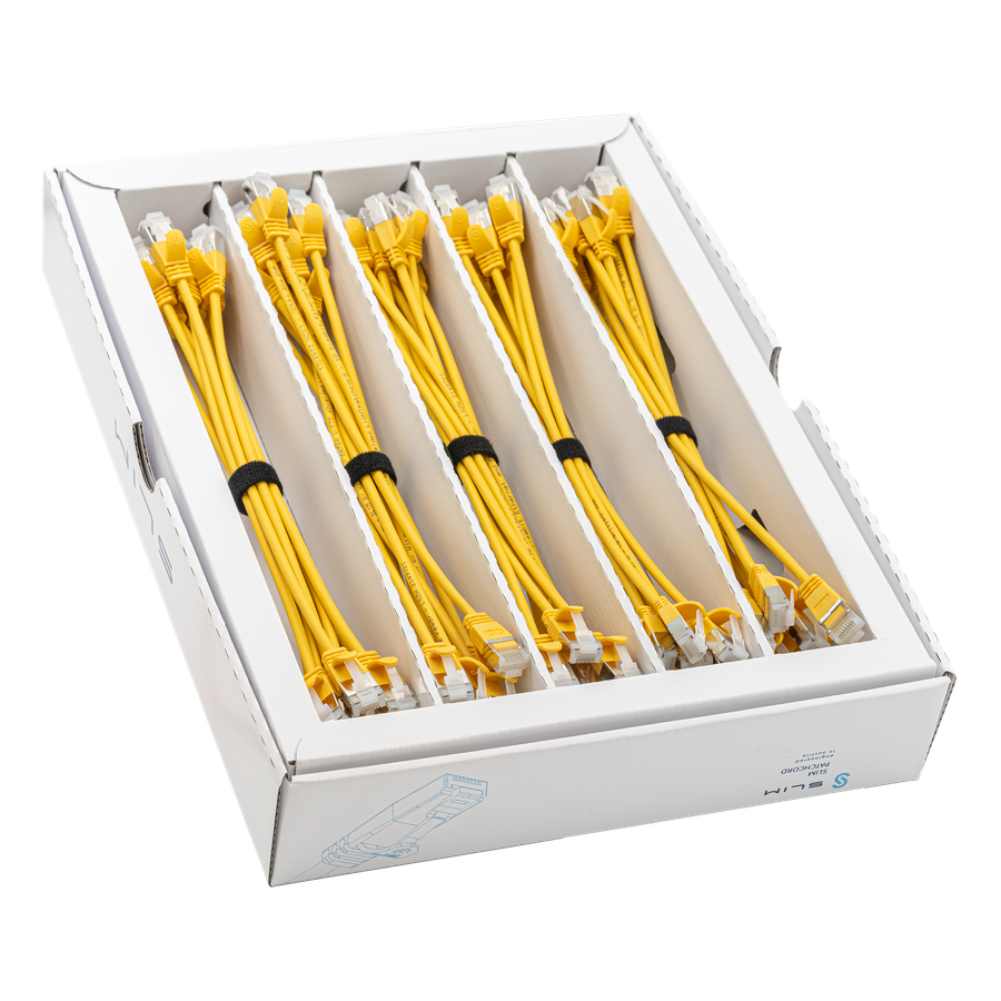 Cavo patch SLIM: 25cm, giallo, 50 pezzi Cat.6A, U/FTP, jack non infrangibile