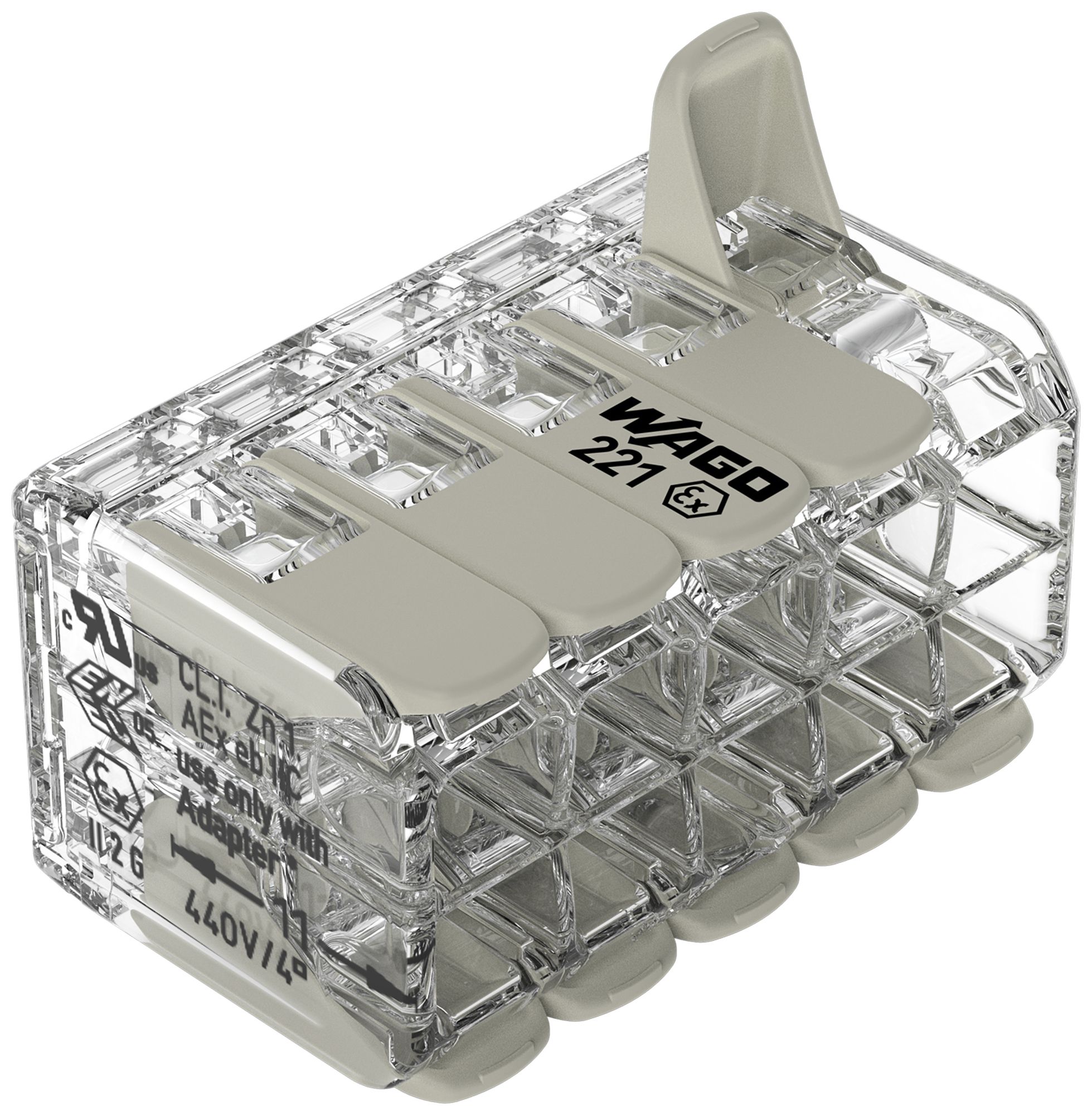 Borne de connexion WAGO 221 10×0.2…4mm² levier 32A 440V gris transparent