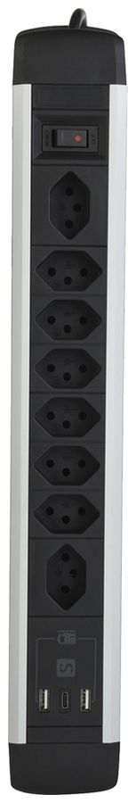 Presa multipla ALU 8×T13 2×USB-A/1×USB-C 2m 3×1mm² interruttore nero/alluminio
