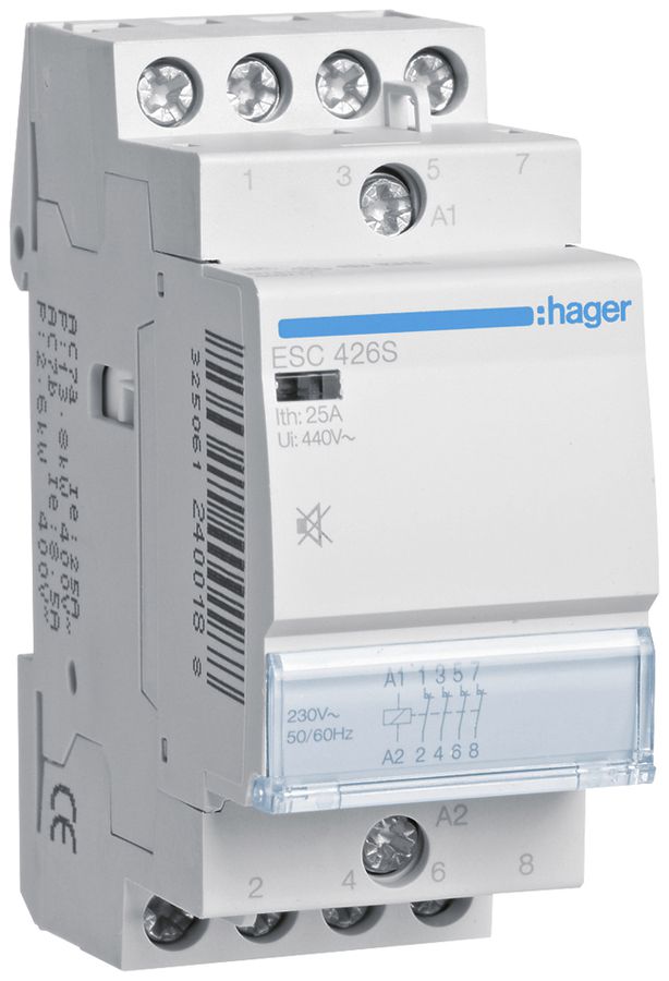 REG-Schütz Hager 230VAC 0 Schliesser 4 Öffner 25A brummfrei 2TE