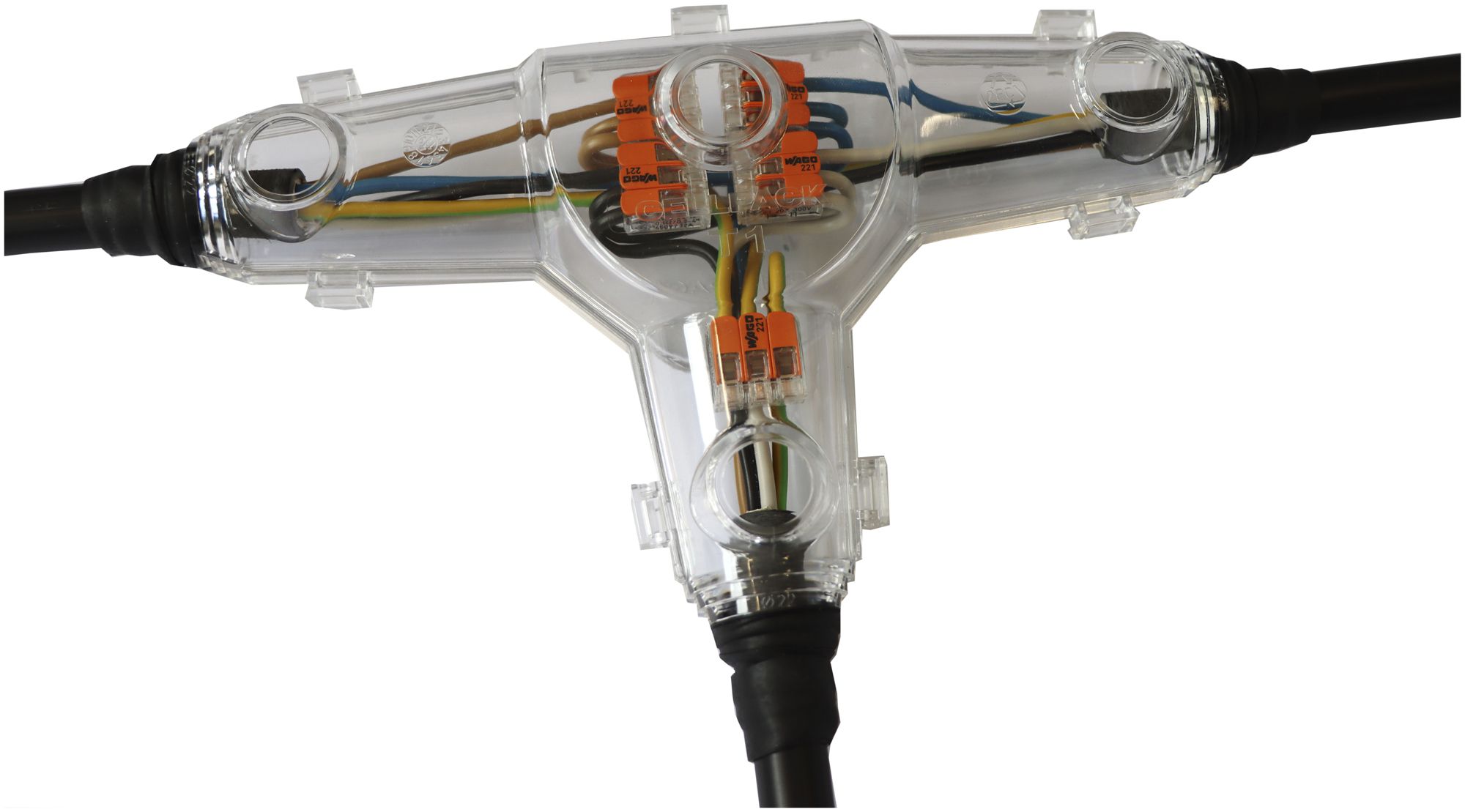 Abzweigmuffe Cellpack T1 mit WAGO 221-413 3×4mm²