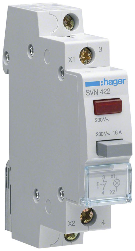 EB-Leuchttaster Hager 16A 230V 0 Schliesser 1 Öffner Knopf grau Kalotte rot 1TE