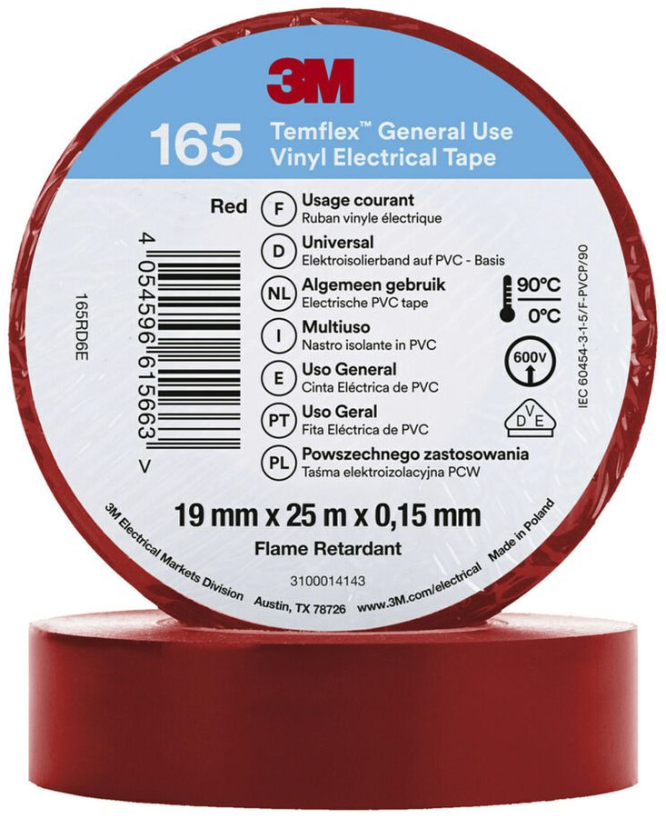 Ruban isolant 3M Temflex 165 19mm×25m×0.15mm rouge VDE 600V 0…90°C