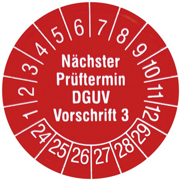 Prüfplakette CIMCO 108×Nächster Prüftermin DGUV V3 2024 Ø30mm rot