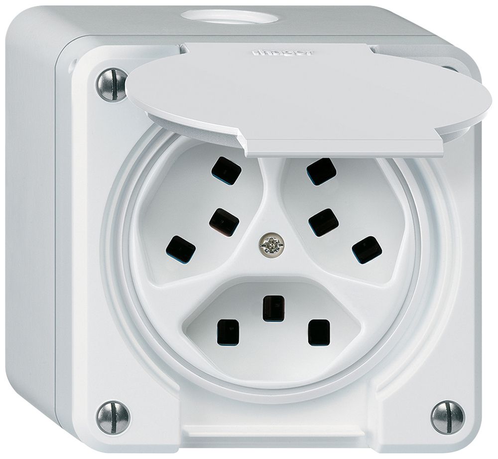 Presa AP Hager robusto, 3×T23, con coperchio Q, bianco