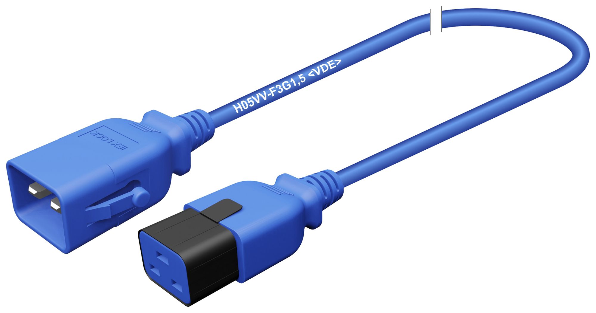 Apparatekabel Stecker C20 Buchse C19 verriegelt 3×1.5mm² 250VAC/16A blau 2m