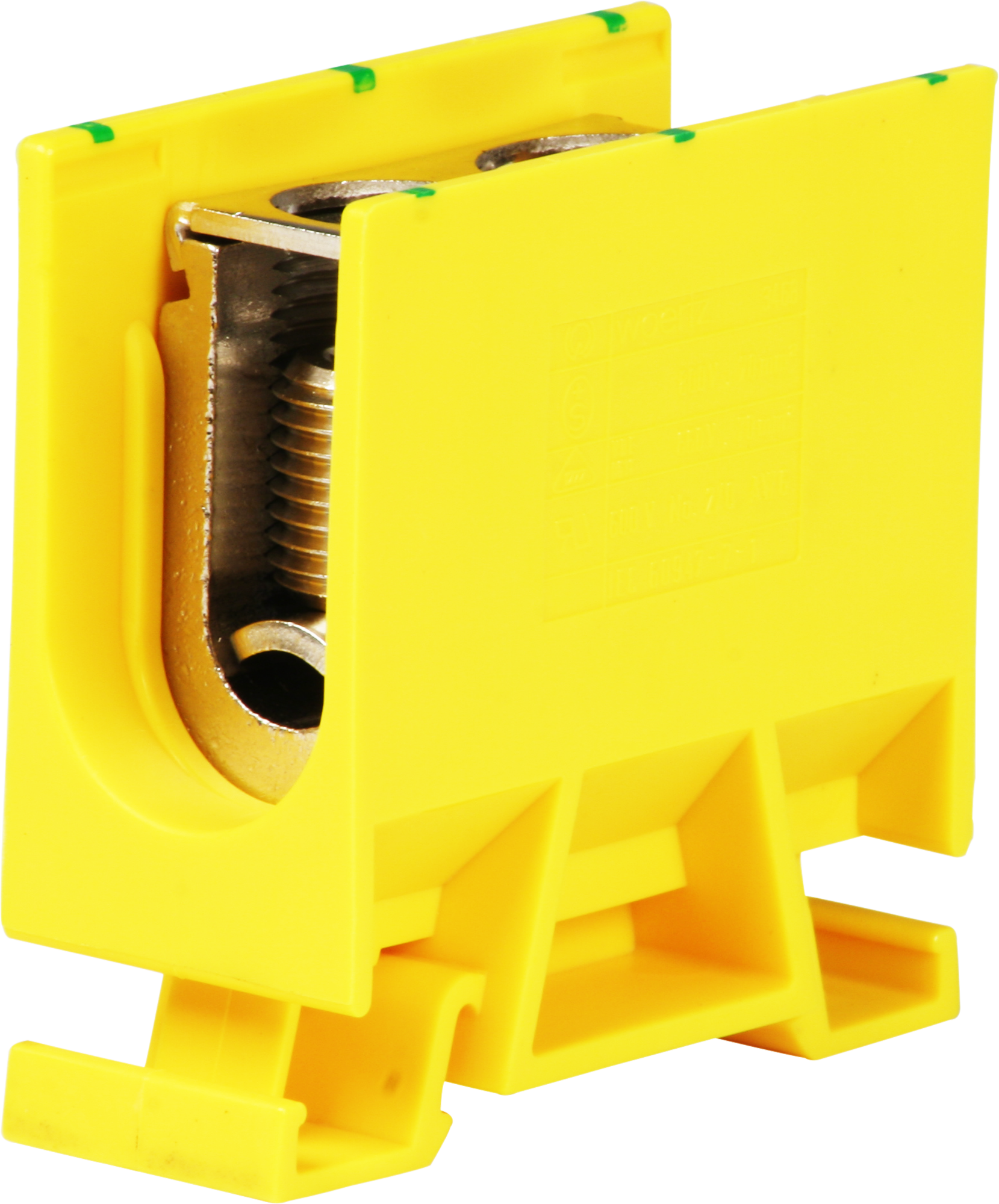 Borne de dérivation Woertz 35…70mm² 192A 800V vis 2×1 rail DIN 35mm vert/jaune