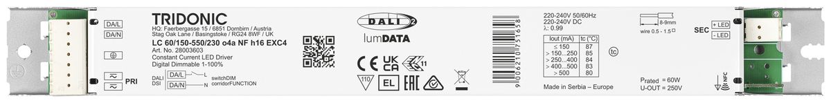 Alimentation LED Tridonic LC NFC EXC4 34.5…60W 45…230V 150…550mA DALI 280×30×16