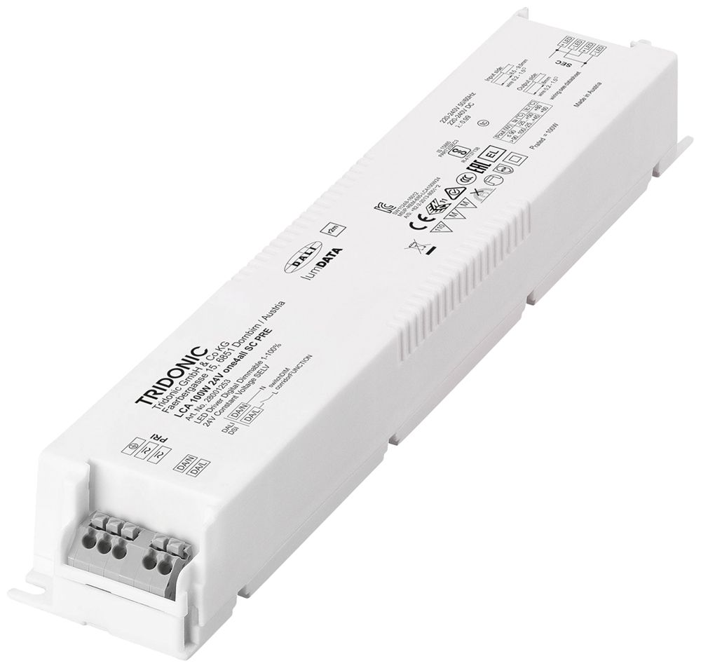Alimentation LED Tridonic LCA PRE 10…100W 24V 417…4167mA DALI 295×43×29.8mm