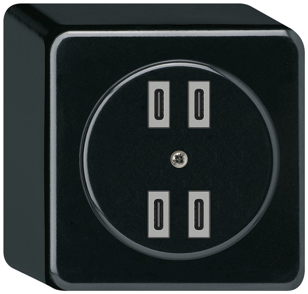 AP-USB-Ladesteckdose Hager basico 2×C-C 2×20W oder 4×10W 5V 86×86mm schwarz