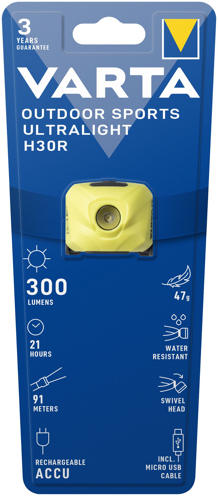 LED-Stirnlampe VARTA Outdoor Sports Ultralight H30R 300lm, Li-Akku, gelb