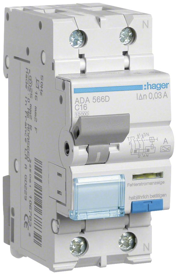 Disgiuntore differenziale Hager RCBO 2P 240V car.C 16A 0.03A tipo A 10kA 2UM